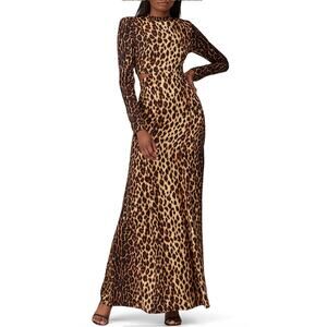 A.L.C. Brown Leopard Long Sleeve Gown Size 4 Silk Maxi Dress Cutout Waist $900